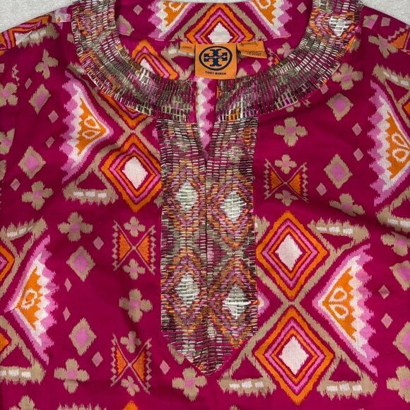 Tory Burch Tunic Top Pink Gold Beaded 3/4 Sleeve Geometric V-Neck Boho Beach 8 - Picture 2 of 8